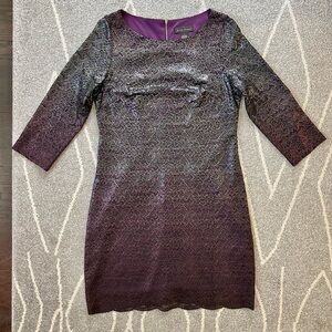 Jessica Howard Plum Purple Ombré Silver Metallic Stretch Lace 3/4 Sleeve Dress